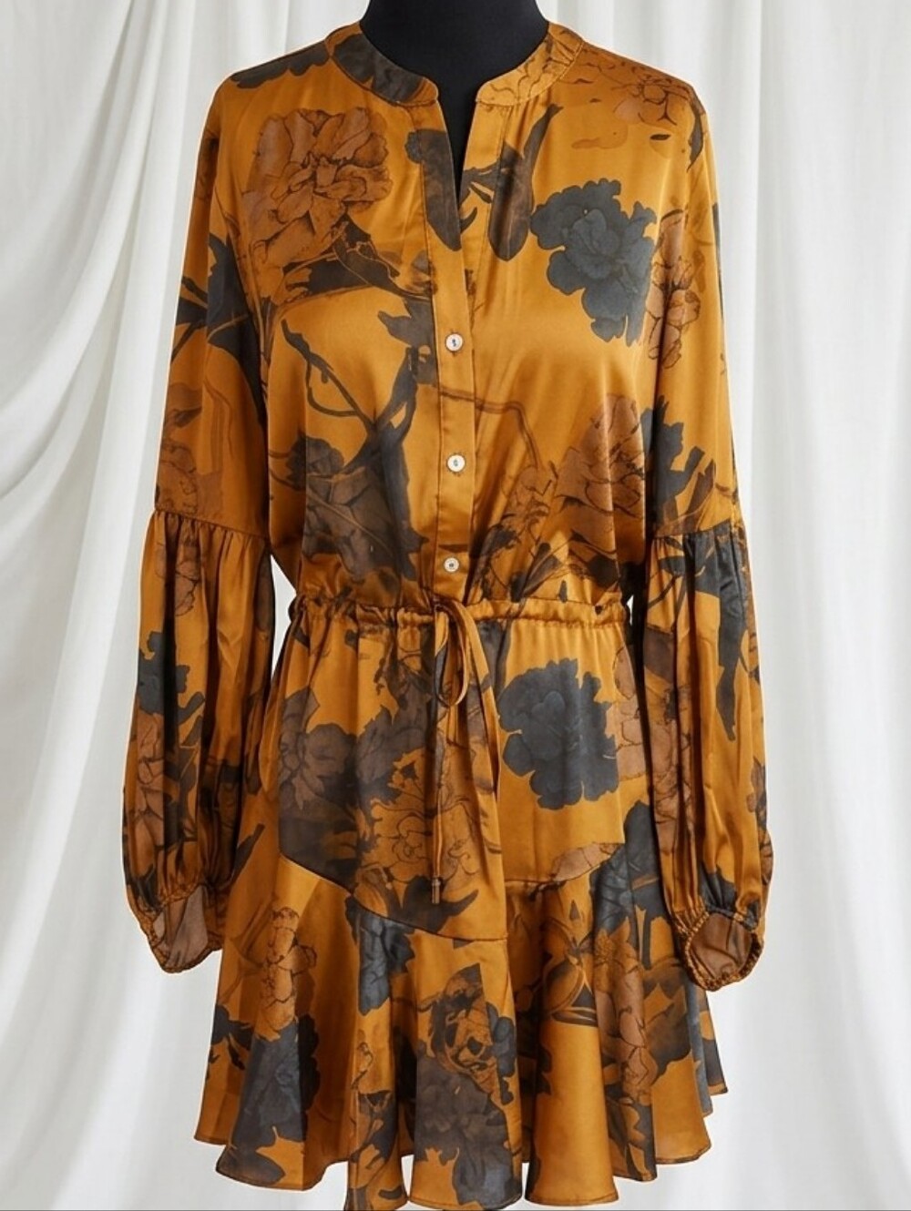 Baltic Born Mustard & Black Floral Tie-Waist Mini Dress